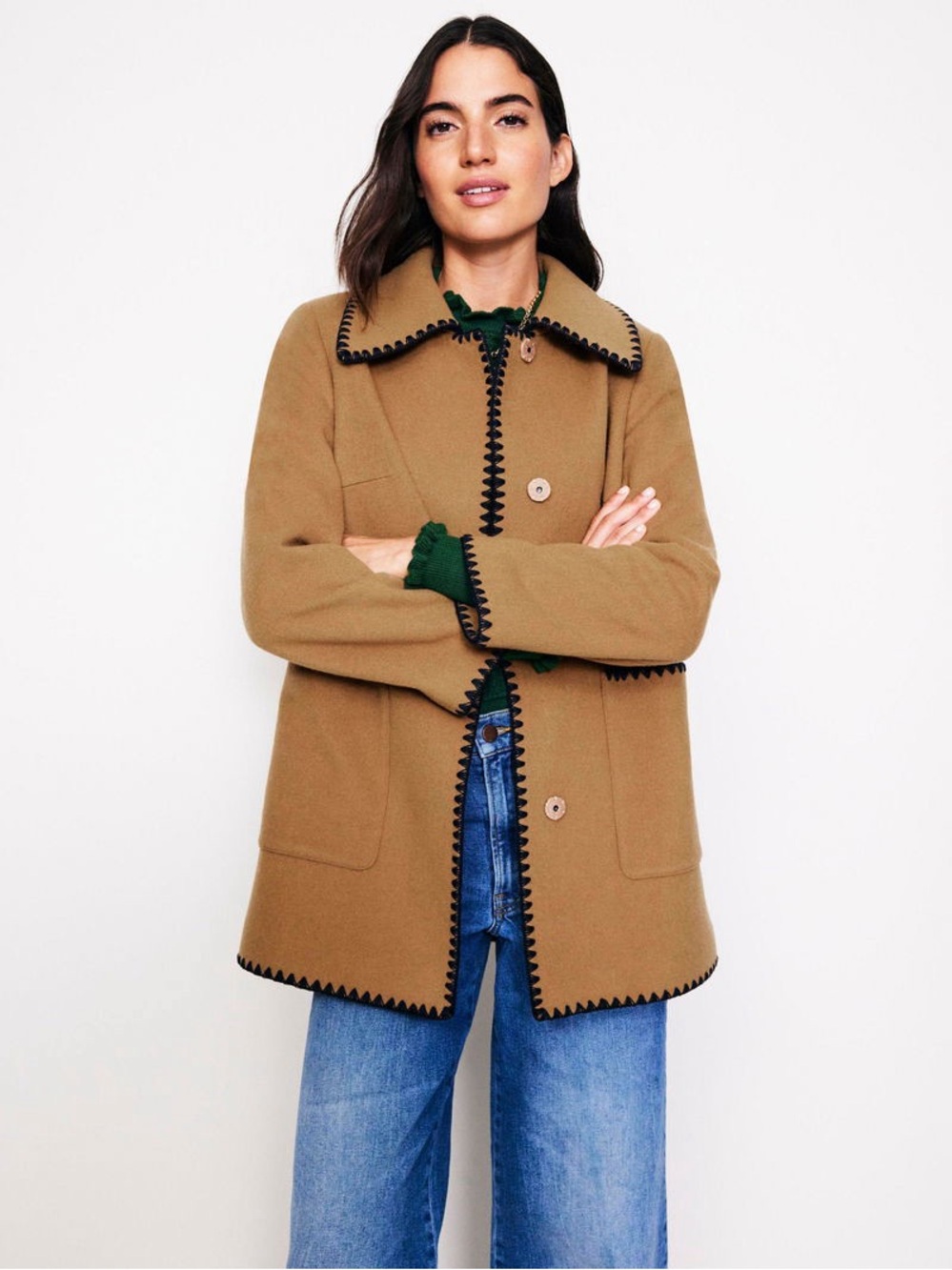 Boden Blanket Stitch Wool Blend Car Coat in Natural NWOT